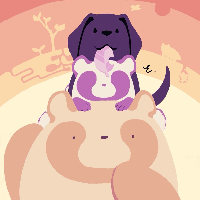 An illustration of a small tanuki atop a large tanuki, with a black dog perched on top of it.